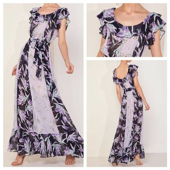 Anthropologie Foxiedox floral print off shoulder maxi dress purple Small NEW - Picture 2 of 9